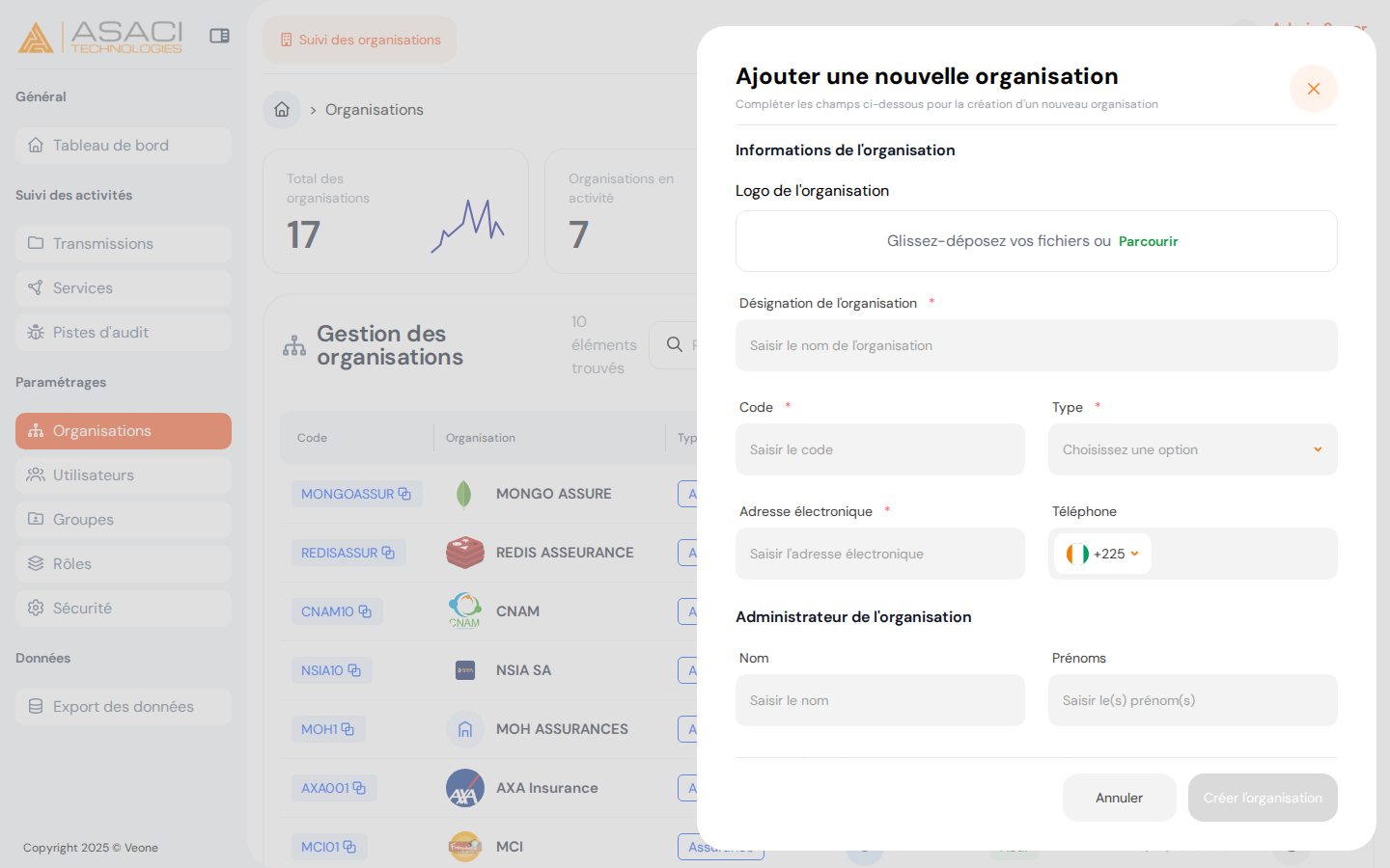 Formulaire d'ajout d'organisation