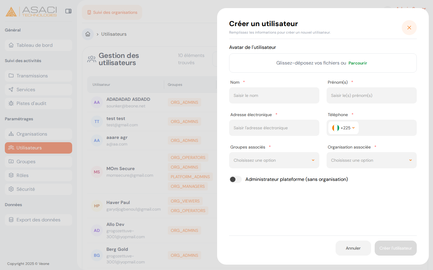 Formulaire de création d'utilisateur