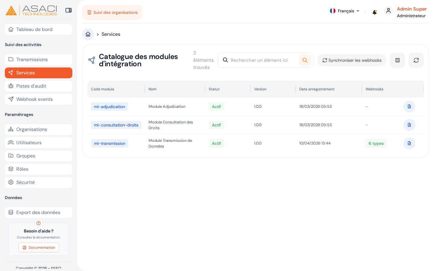 Catalogue des modules — colonne Webhooks et bouton Synchroniser