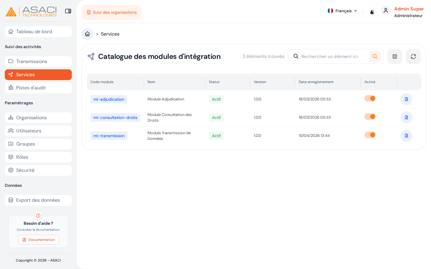Catalogue des modules d'intégration