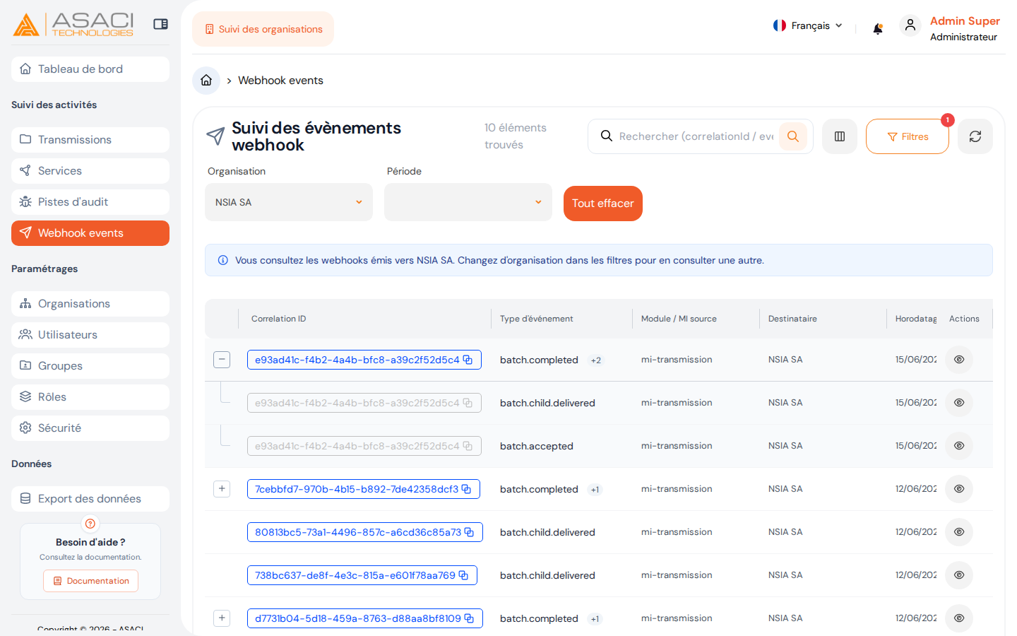 Suivi des évènements webhook — groupe de corrélation déplié