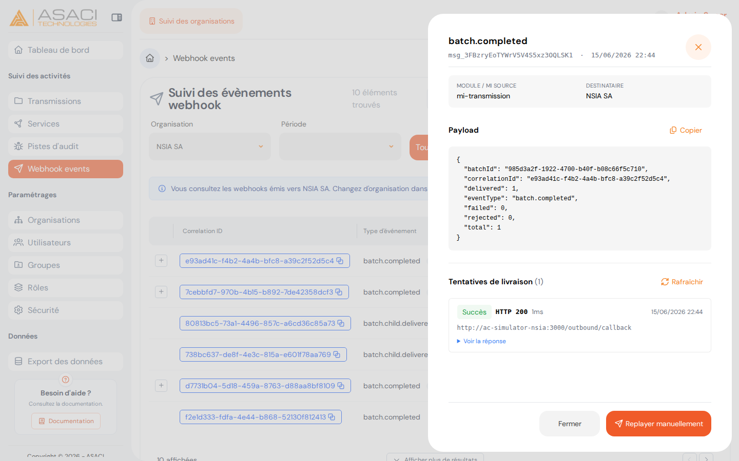 Volet de détail d'une notification webhook
