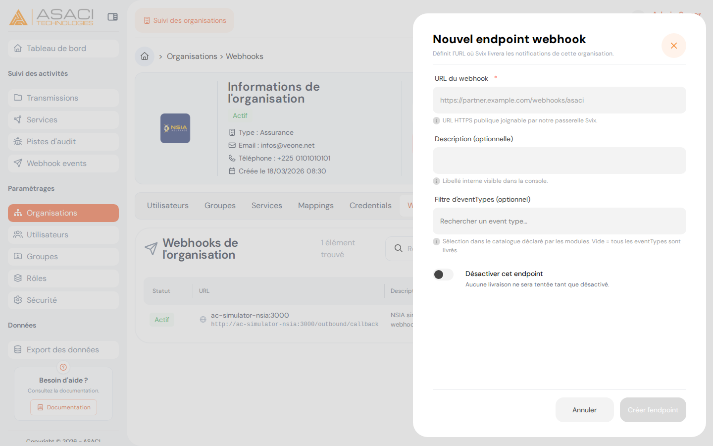 Formulaire Nouvel endpoint webhook
