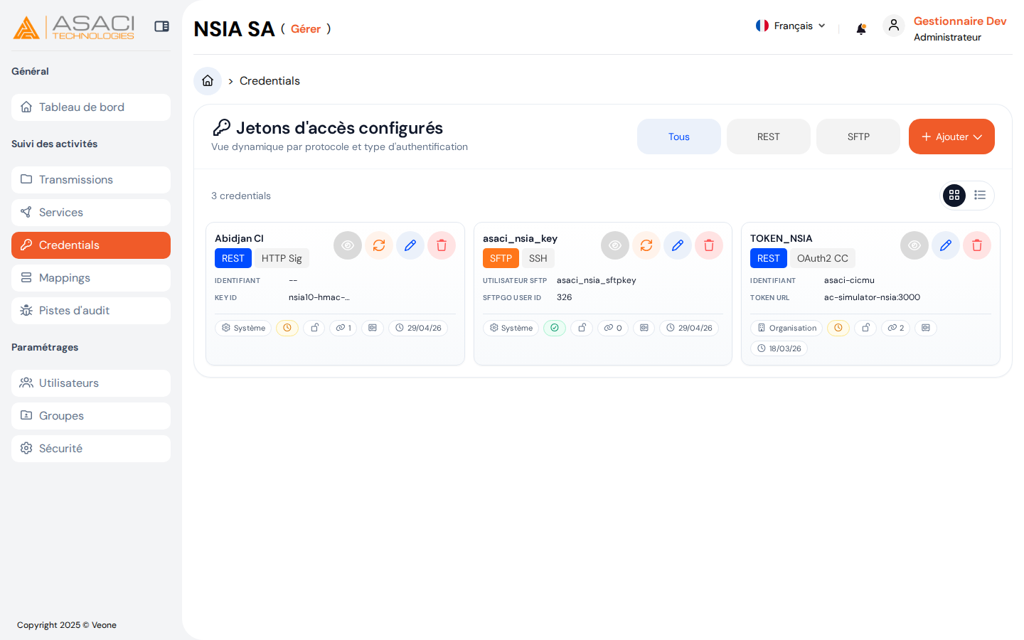 Credentials configurés