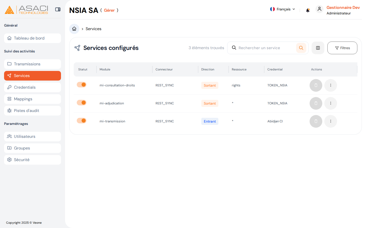 Services configurés