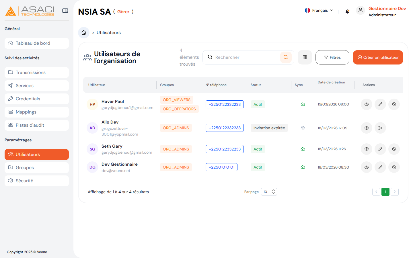 Utilisateurs de l'organisation