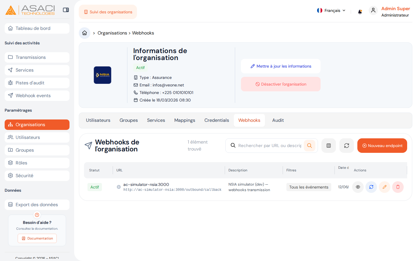Webhooks de l'organisation — liste des endpoints